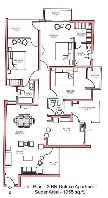 Floor plan of 3 BHK 1955 Sq. Ft. Apartment in Nitishree Lotus Pond Blessed Homes, Ghaziabad