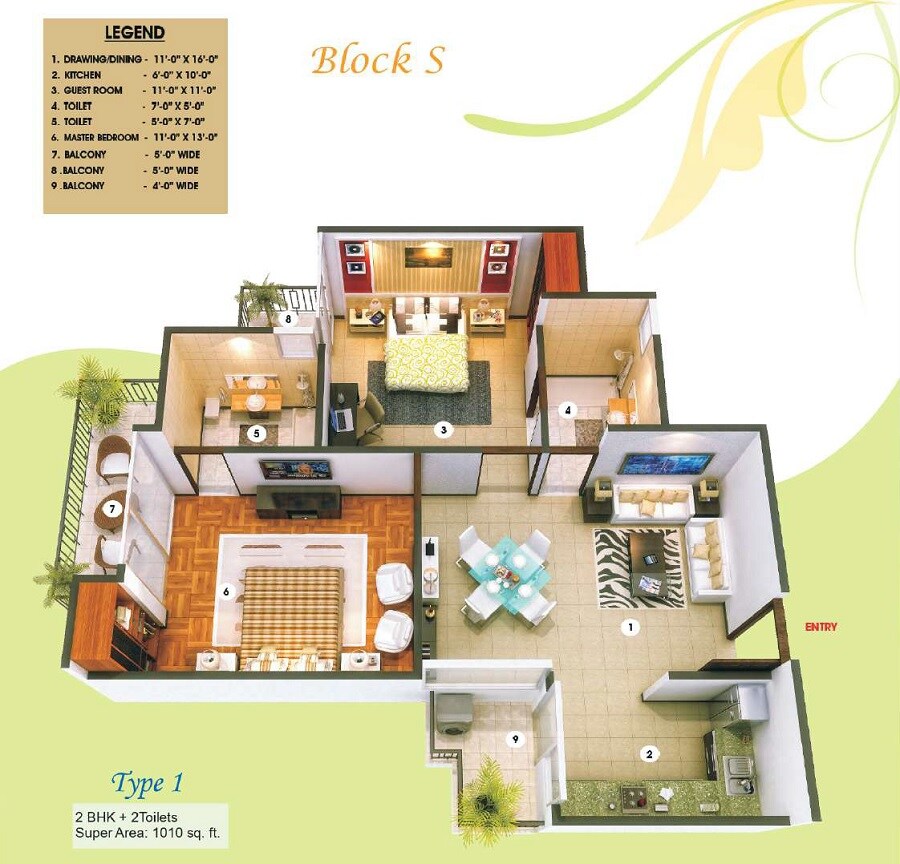 Floor plan of 2 BHK 1010 Sq. Ft. Apartment in Nitya Homes, Ghaziabad