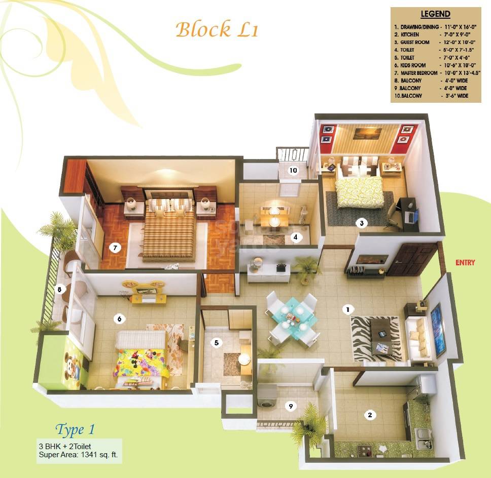 Floor plan of 3 BHK 1341 Sq. Ft. Apartment in Nitya Homes, Ghaziabad