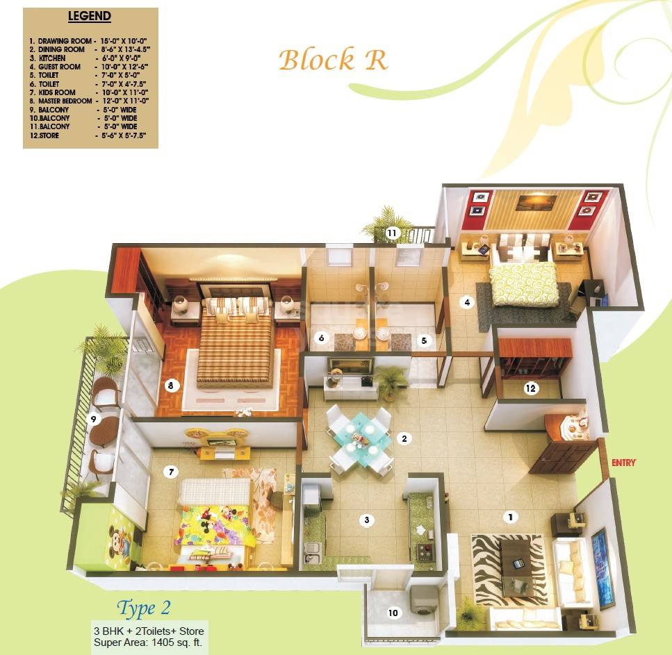 Floor plan of 3 BHK 1405 Sq. Ft. Apartment in Nitya Homes, Ghaziabad
