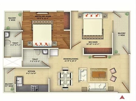 Floor plan of 2 BHK 1101 Sq. Ft. Apartment in Oxirich Aero Heights, Ghaziabad
