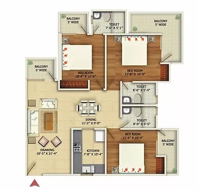 Floor plan of 3 BHK 1696 Sq. Ft. Apartment in Oxirich Aero Heights, Ghaziabad