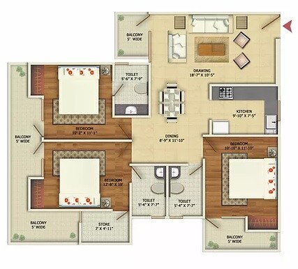 Floor plan of 3 BHK 1661 Sq. Ft. Apartment in Oxirich Aero Heights, Ghaziabad