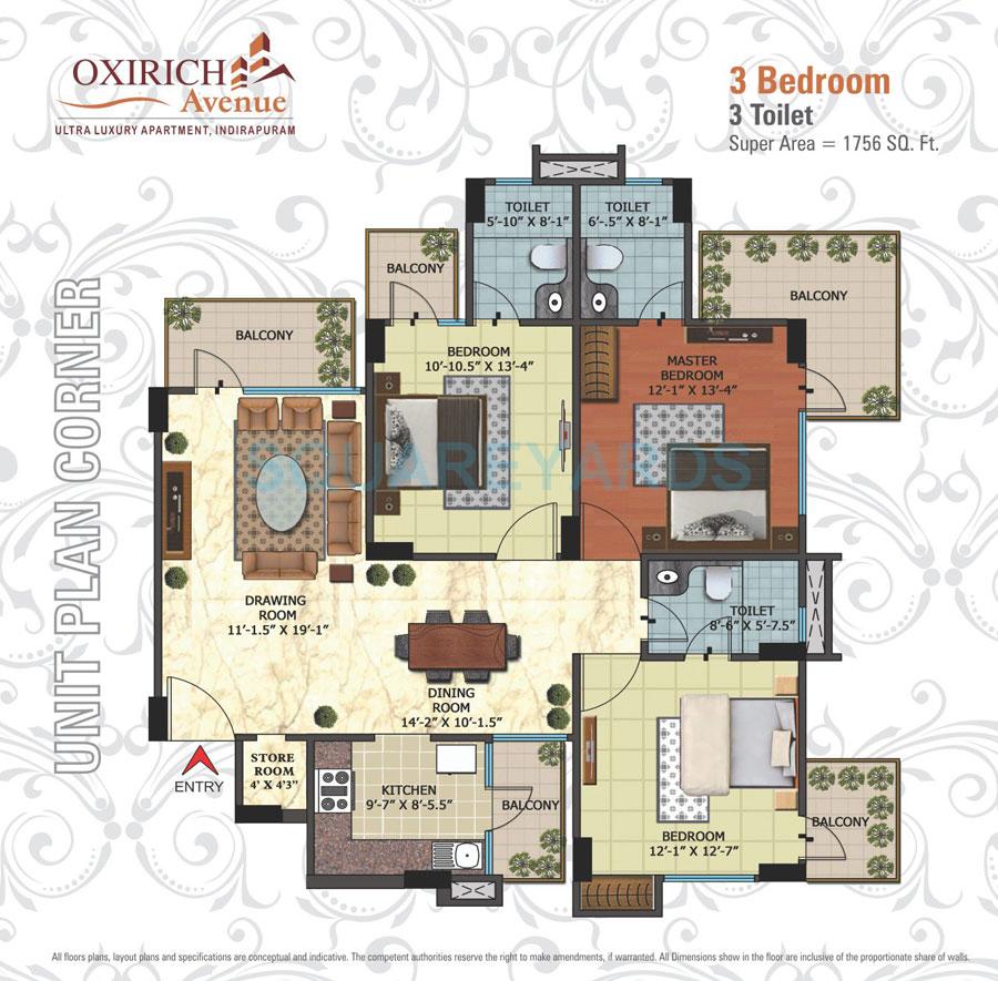 Floor plan of 3 BHK Apartment - 1074 sq. ft. in Oxirich Avenue, Ghaziabad