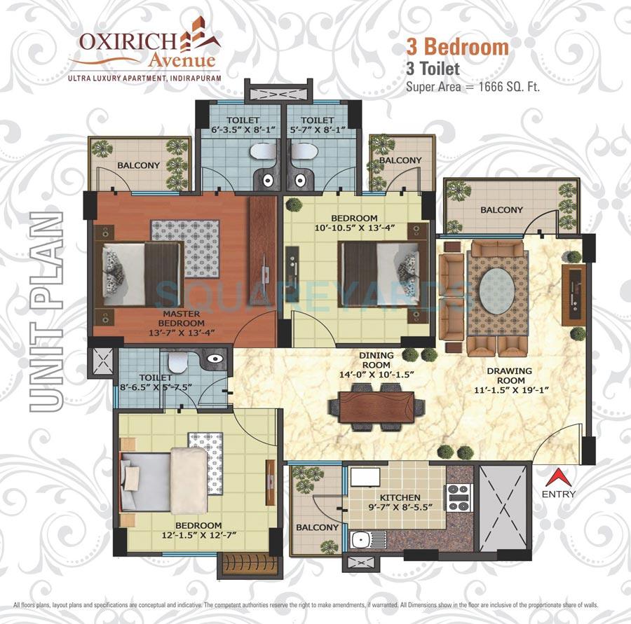 Floor plan of 3 BHK Apartment - 1076 sq. ft. in Oxirich Avenue, Ghaziabad