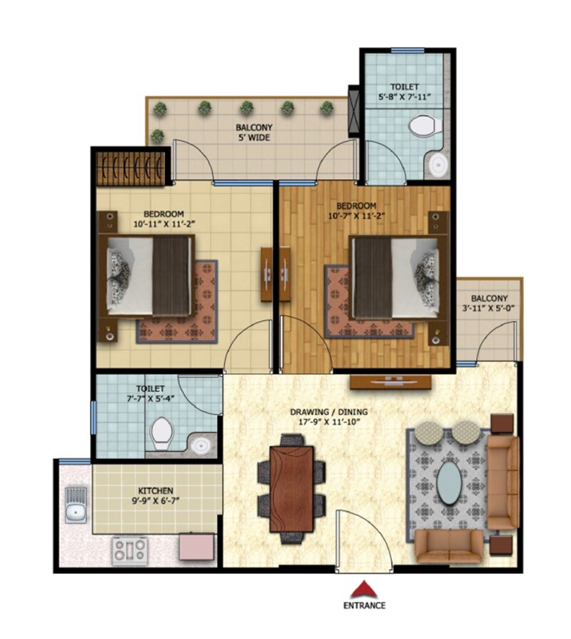 Floor plan of 2 BHK 1019 Sq. Ft. Apartment in Oxirich New Delhi Extension, Ghaziabad