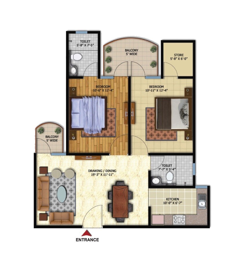 Floor plan of 2 BHK 1080 Sq. Ft. Apartment in Oxirich New Delhi Extension, Ghaziabad