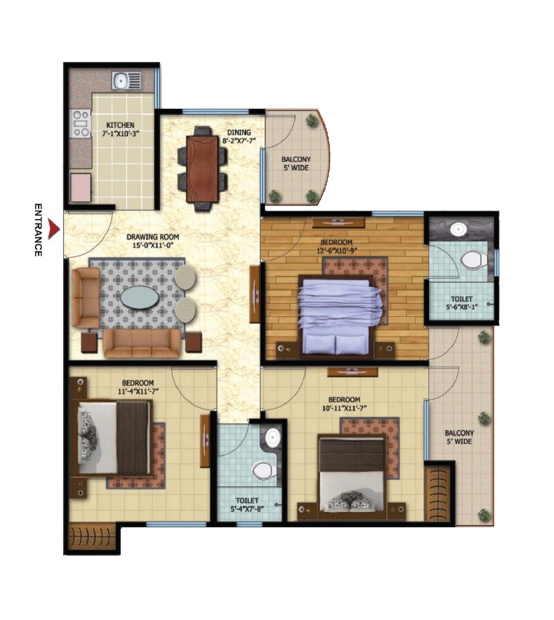 Floor plan of 3 BHK 1326 Sq. Ft. Apartment in Oxirich New Delhi Extension, Ghaziabad