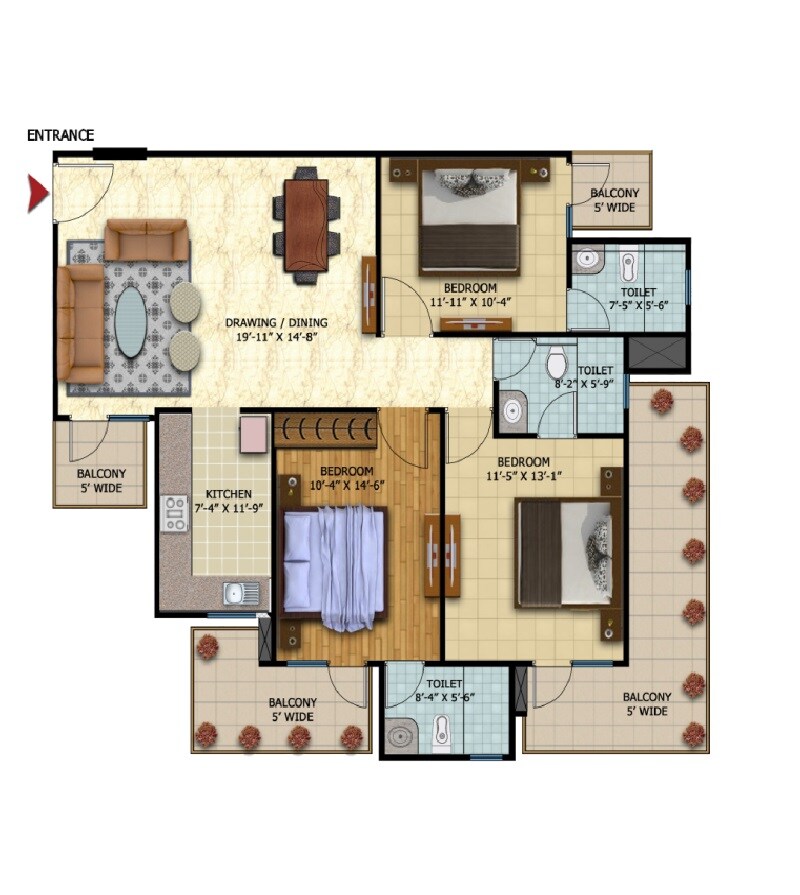 Floor plan of 3 BHK 1621 Sq. Ft. Apartment in Oxirich New Delhi Extension, Ghaziabad