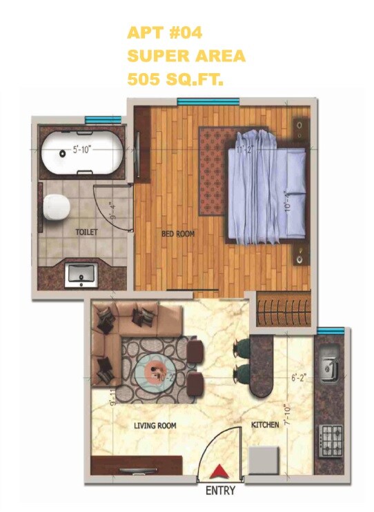 Floor plan of 1 BHK 505 Sq. Ft. Apartment in Oxirich Square One, Ghaziabad
