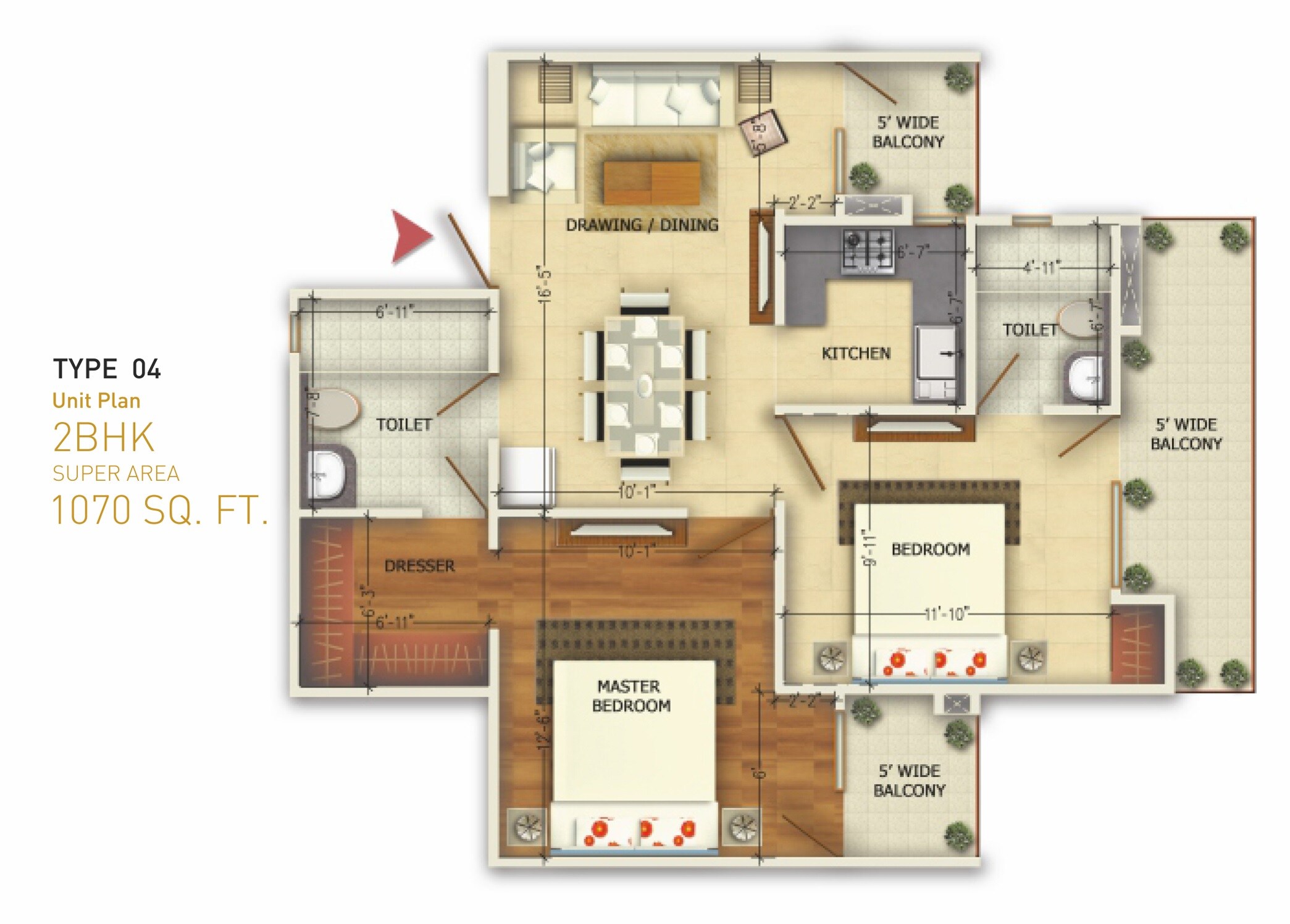 Floor plan of 2 BHK 1070 Sq. Ft. Apartment in Oxirich Square One, Ghaziabad
