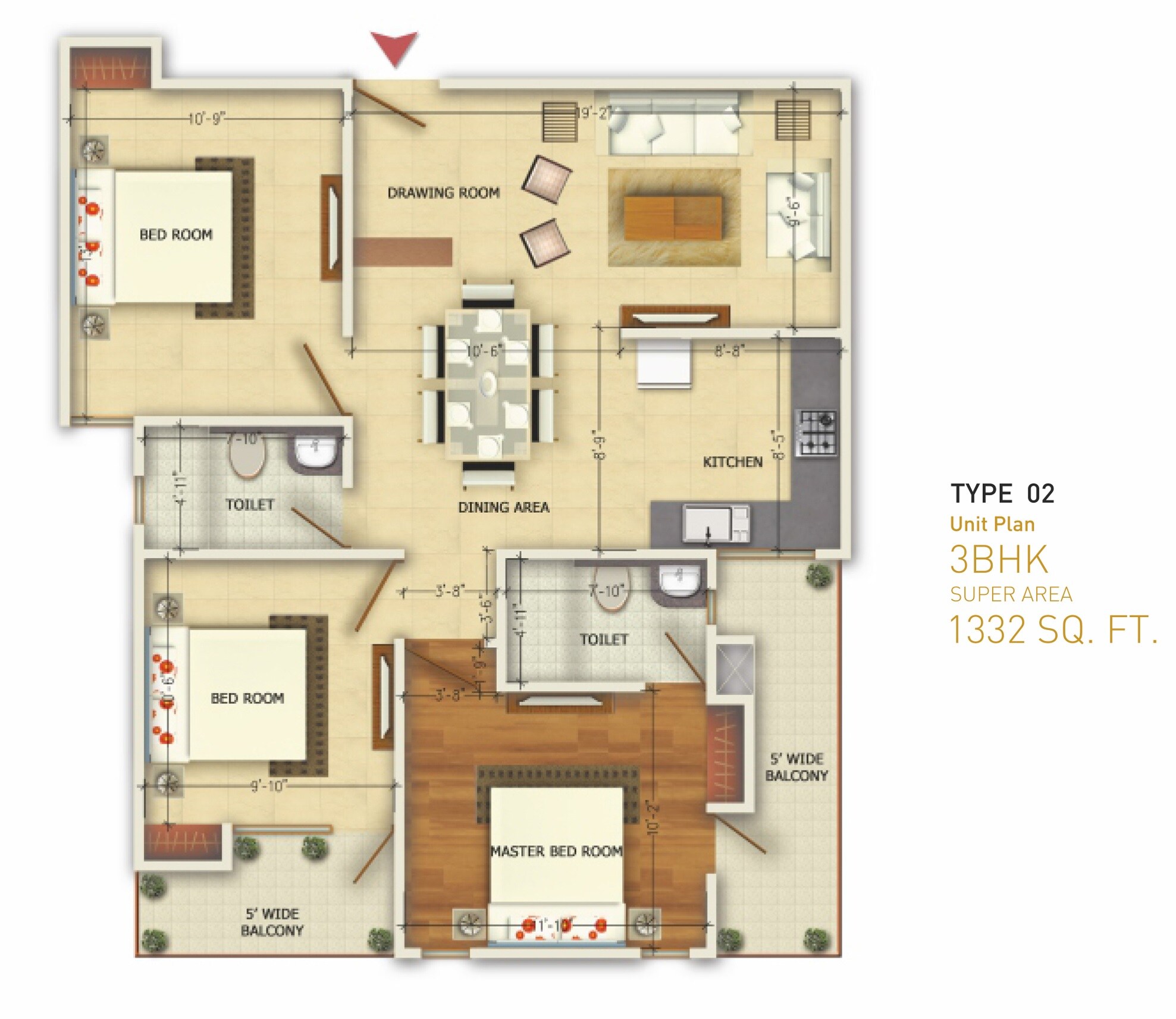 Floor plan of 3 BHK 1332 Sq. Ft. Apartment in Oxirich Square One, Ghaziabad