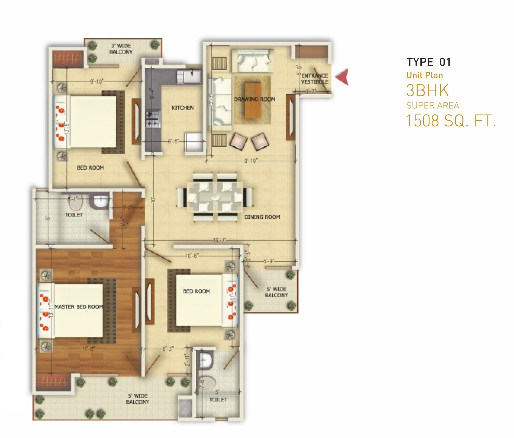 Floor plan of 3 BHK 1508 Sq. Ft. Apartment in Oxirich Square One, Ghaziabad