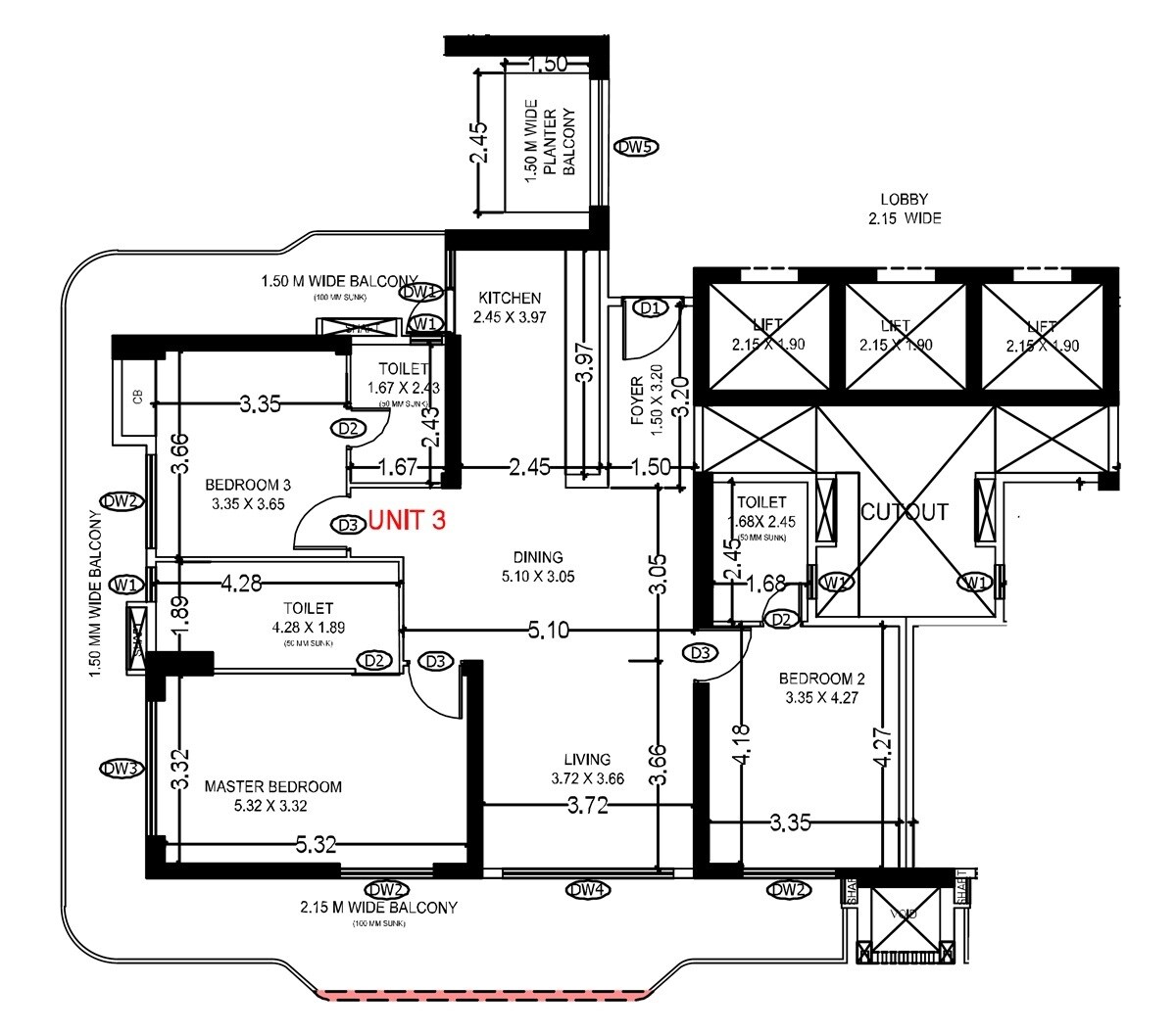 Floor plan of 3 BHK 1205 Sq. Ft. Apartment in Madhusudhan Oyster Walk, Ghaziabad
