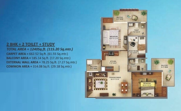 Floor plan of 2 BHK 1240 Sq. Ft. Apartment in Palm Marina Suites, Ghaziabad