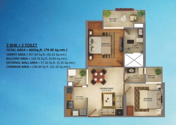 Floor plan of 2 BHK 860 Sq. Ft. Apartment in Palm Marina Suites, Ghaziabad
