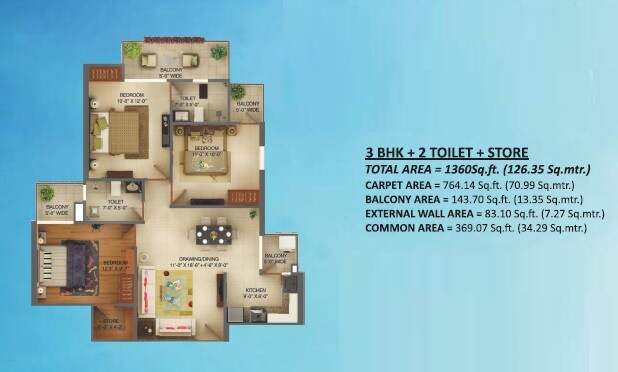 Floor plan of 3 BHK 1360 Sq. Ft. Apartment in Palm Marina Suites, Ghaziabad