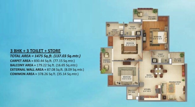 Floor plan of 3 BHK 1475 Sq. Ft. Apartment in Palm Marina Suites, Ghaziabad