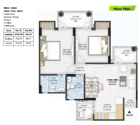 Floor plan of 2 BHK 1035 Sq. Ft. Apartment in Panchsheel Pebbles, Ghaziabad