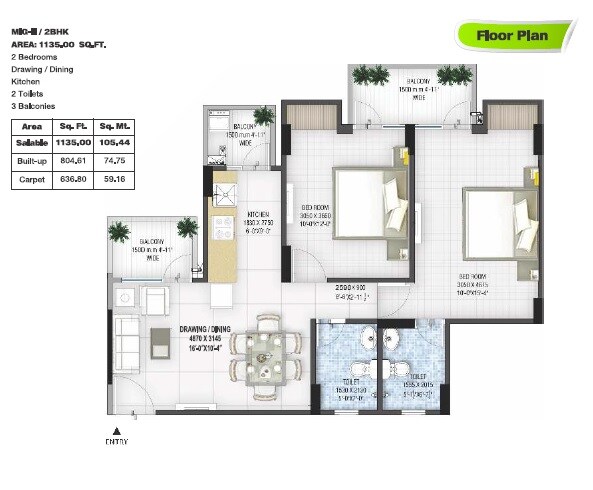 Floor plan of 2 BHK 1135 Sq. Ft. Apartment in Panchsheel Pebbles, Ghaziabad