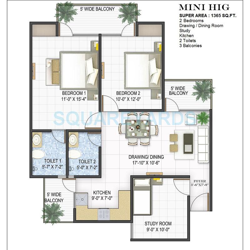 Floor plan of 2 BHK 1365 Sq. Ft. Apartment in Panchsheel Pebbles, Ghaziabad