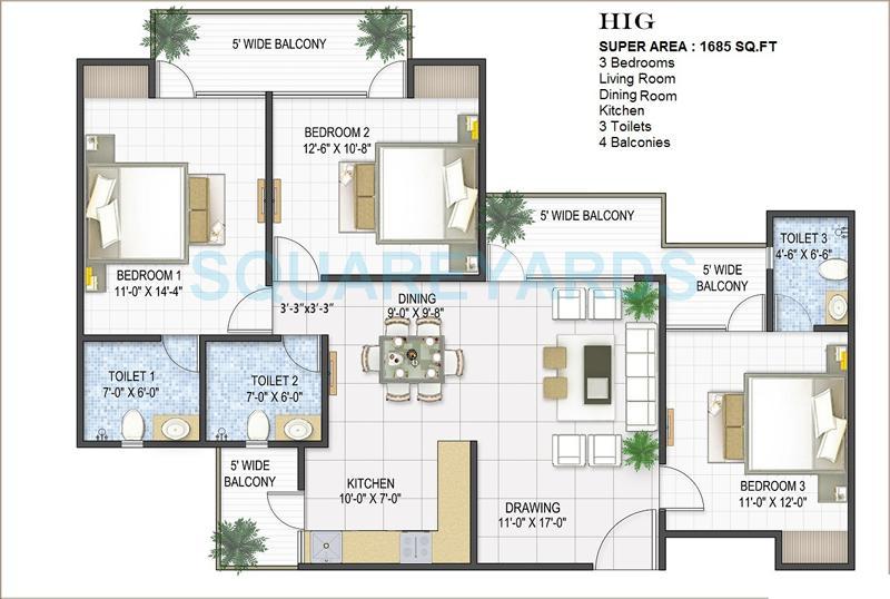Floor plan of 3 BHK 1685 Sq. Ft. Apartment in Panchsheel Pebbles, Ghaziabad