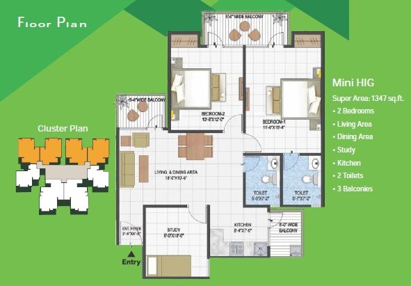 Floor plan of 2 BHK 1077 Sq. Ft. Apartment in Panchsheel Premium 24, Ghaziabad