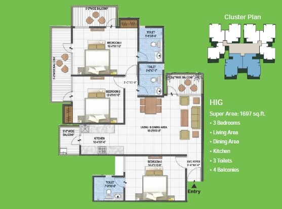 Floor plan of 3 BHK 1697 Sq. Ft. Apartment in Panchsheel Premium 24, Ghaziabad