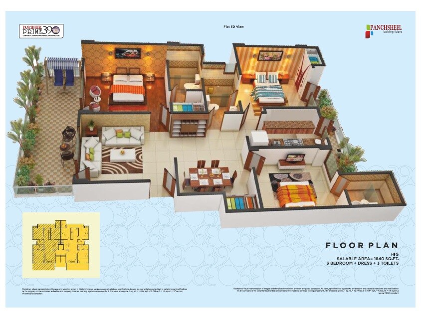 Floor plan of 3 BHK 1640 Sq. Ft. Apartment in Panchsheel Prime 390, Ghaziabad