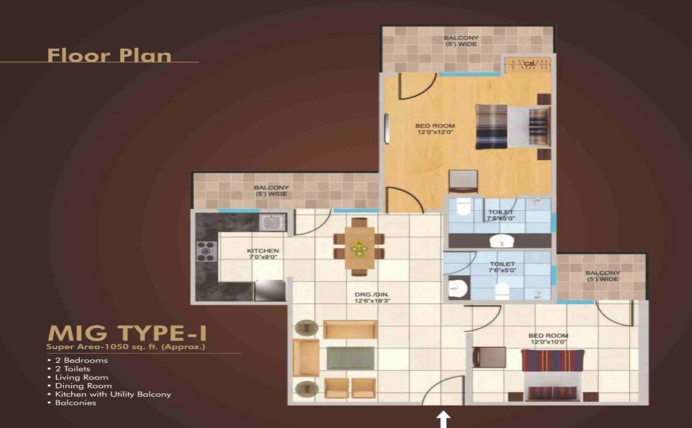 Floor plan of 2 BHK 1050 Sq. Ft. Apartment in Panchsheel Wellington 2, Ghaziabad