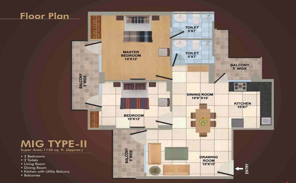 Floor plan of 2 BHK 1150 Sq. Ft. Apartment in Panchsheel Wellington 2, Ghaziabad