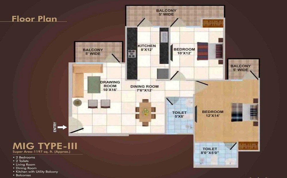 Floor plan of 2 BHK 1197 Sq. Ft. Apartment in Panchsheel Wellington 2, Ghaziabad