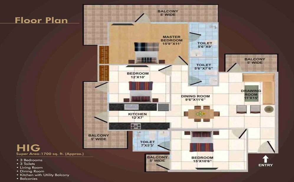 Floor plan of 3 BHK 1700 Sq. Ft. Apartment in Panchsheel Wellington 2, Ghaziabad