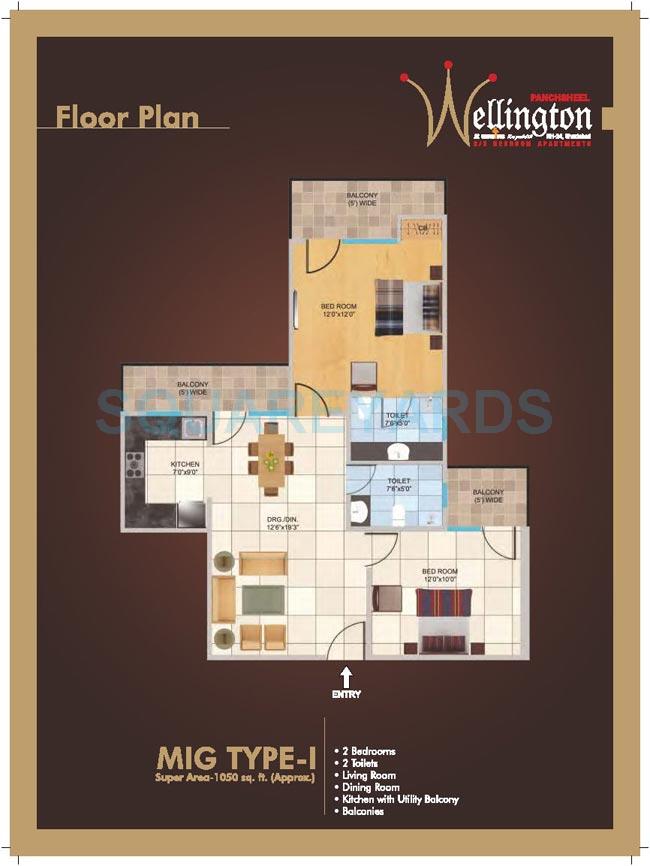 Floor plan of 2 BHK 1050 Sq. Ft. Apartment in Panchsheel Wellington, Ghaziabad