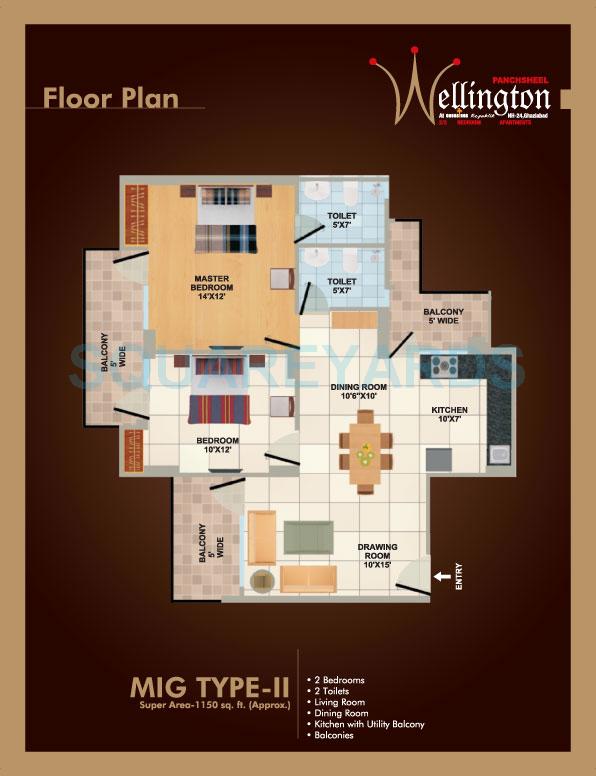Floor plan of 2 BHK 1150 Sq. Ft. Apartment in Panchsheel Wellington, Ghaziabad