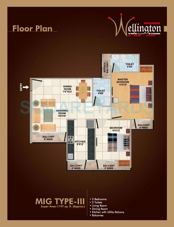Floor plan of 2 BHK 1197 Sq. Ft. Apartment in Panchsheel Wellington, Ghaziabad