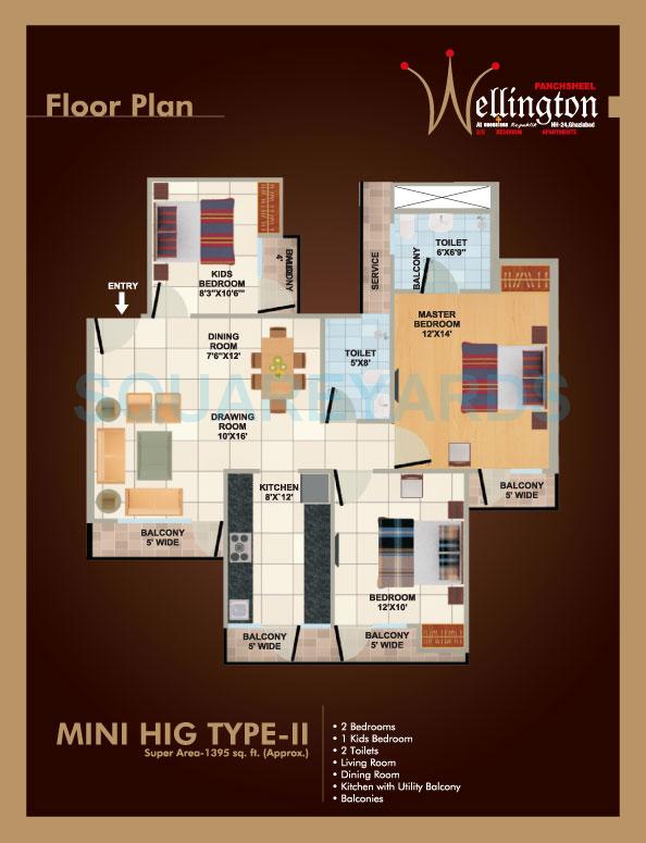 Floor plan of 3 BHK 1395 Sq. Ft. Apartment in Panchsheel Wellington, Ghaziabad
