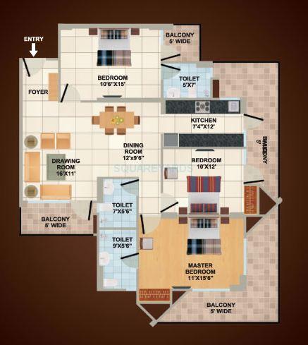 Floor plan of 3 BHK 1700 Sq. Ft. Apartment in Panchsheel Wellington, Ghaziabad