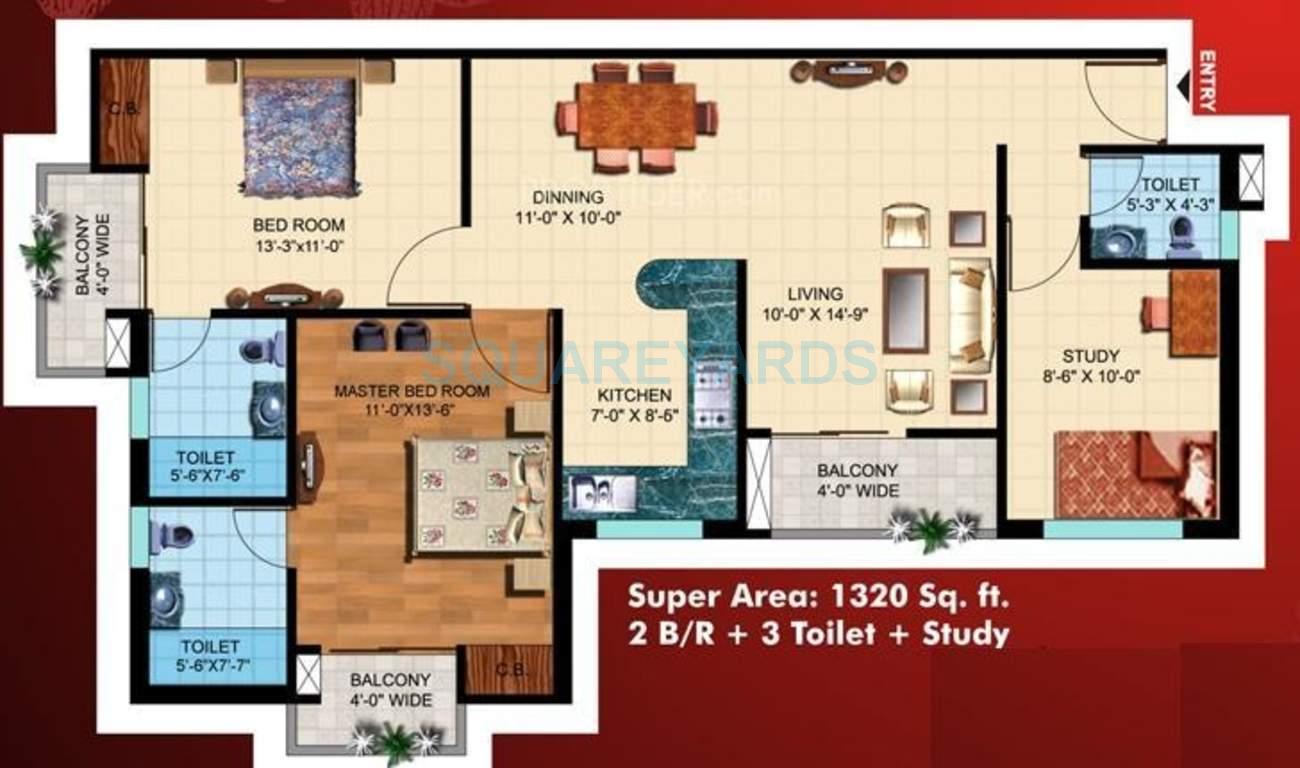 Floor plan of 2 BHK 1120 Sq. Ft. Apartment in Paramount Mapple, Ghaziabad