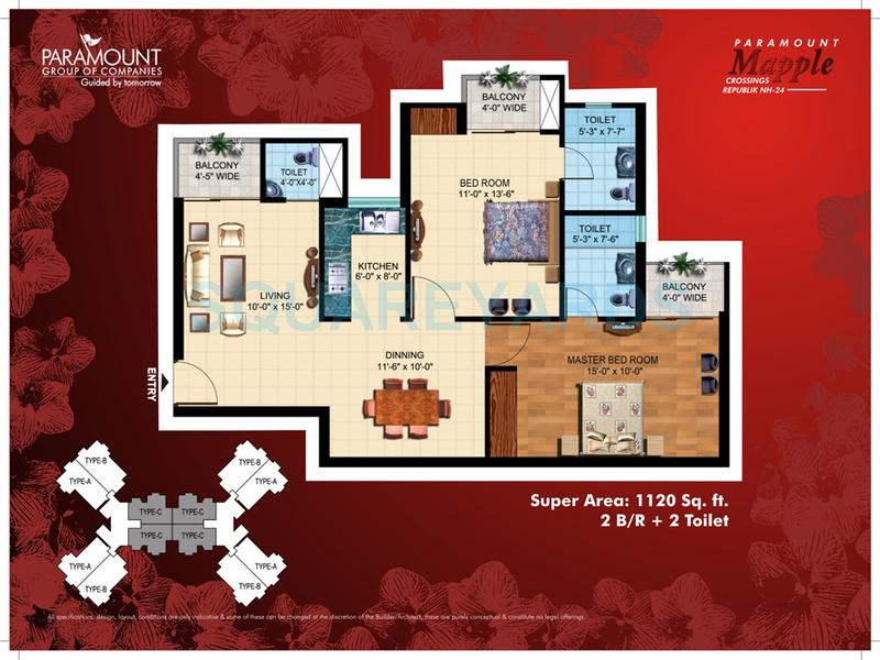 Floor plan of 2 BHK 1320 Sq. Ft. Apartment in Paramount Mapple, Ghaziabad