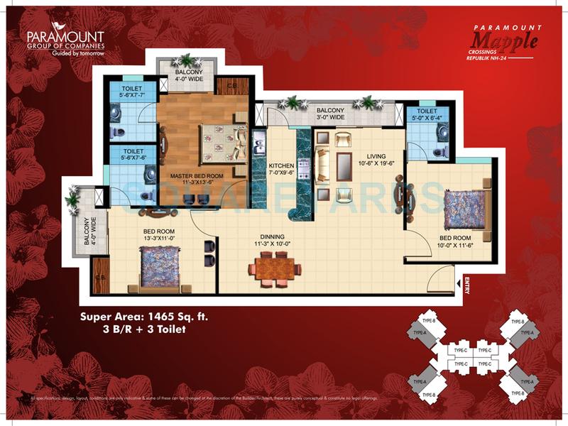 Floor plan of 3 BHK 1465 Sq. Ft. Apartment in Paramount Mapple, Ghaziabad