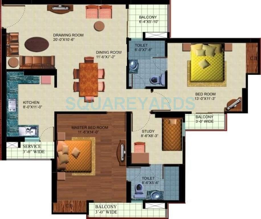 Floor plan of 2 BHK 1365 Sq. Ft. Apartment in Paramount Orchid, Ghaziabad