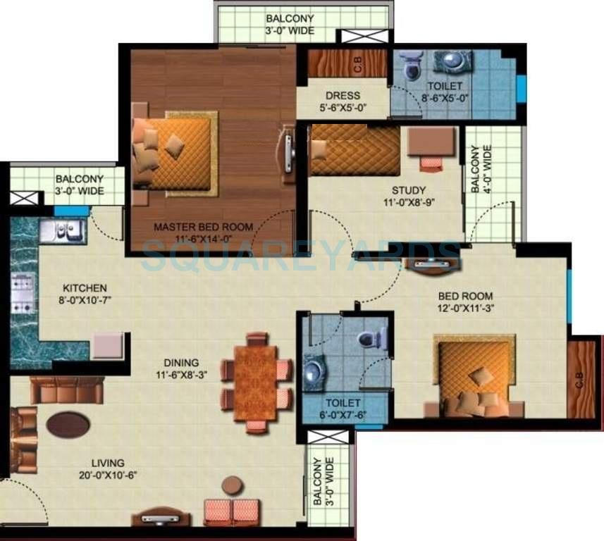 Floor plan of 2 BHK 1410 Sq. Ft. Apartment in Paramount Orchid, Ghaziabad