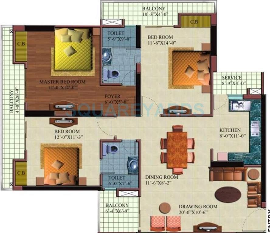 Floor plan of 3 BHK 1700 Sq. Ft. Apartment in Paramount Orchid, Ghaziabad
