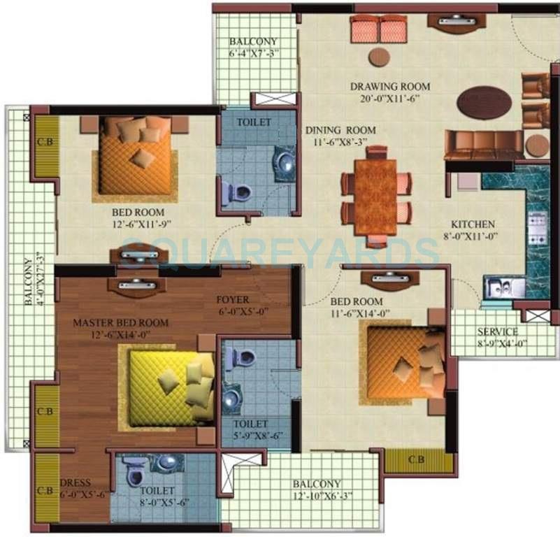 Floor plan of 3 BHK 1850 Sq. Ft. Apartment in Paramount Orchid, Ghaziabad