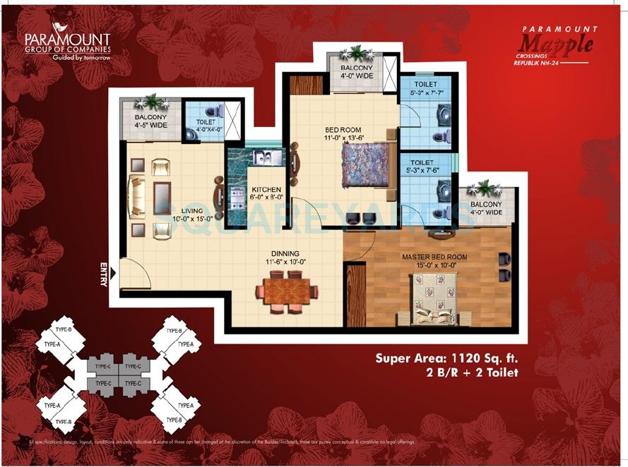 Floor plan of 2 BHK 1120 Sq. Ft. Apartment in Paramount Symphony, Ghaziabad