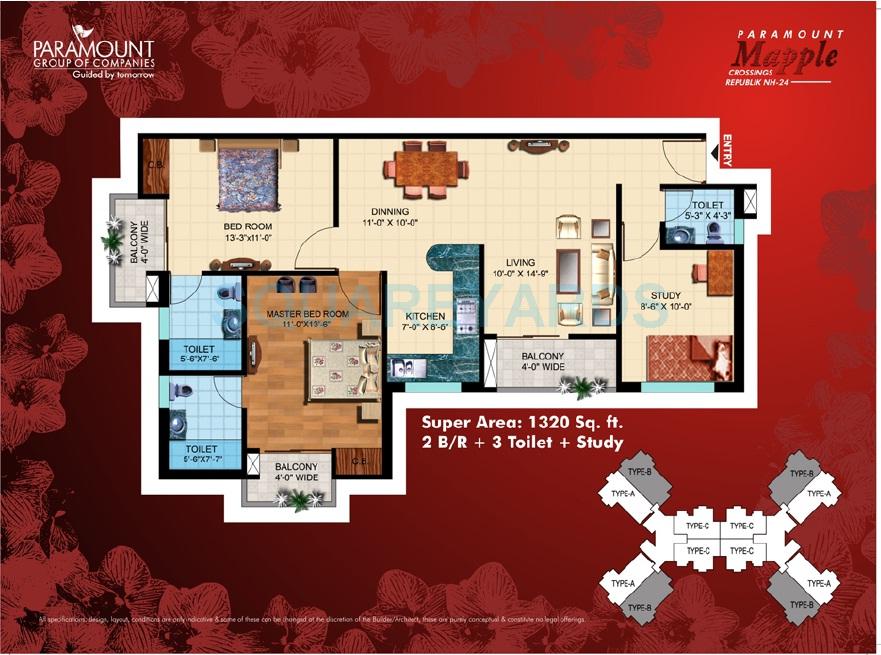Floor plan of 2 BHK 1320 Sq. Ft. Apartment in Paramount Symphony, Ghaziabad