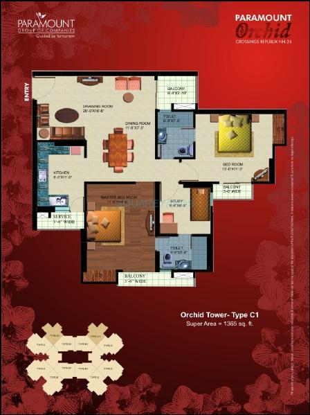 Floor plan of 2 BHK 1365 Sq. Ft. Apartment in Paramount Symphony, Ghaziabad