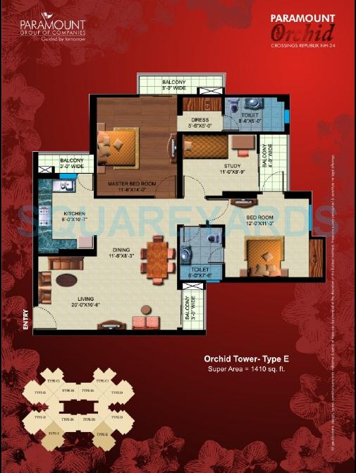Floor plan of 2 BHK 1410 Sq. Ft. Apartment in Paramount Symphony, Ghaziabad