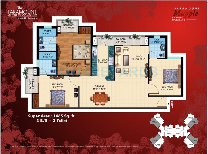 Floor plan of 3 BHK 1465 Sq. Ft. Apartment in Paramount Symphony, Ghaziabad